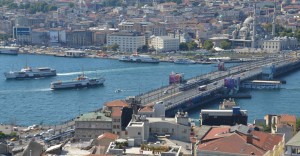 Ferry traffic and the tramway crossing Istanbul's Golden Horn